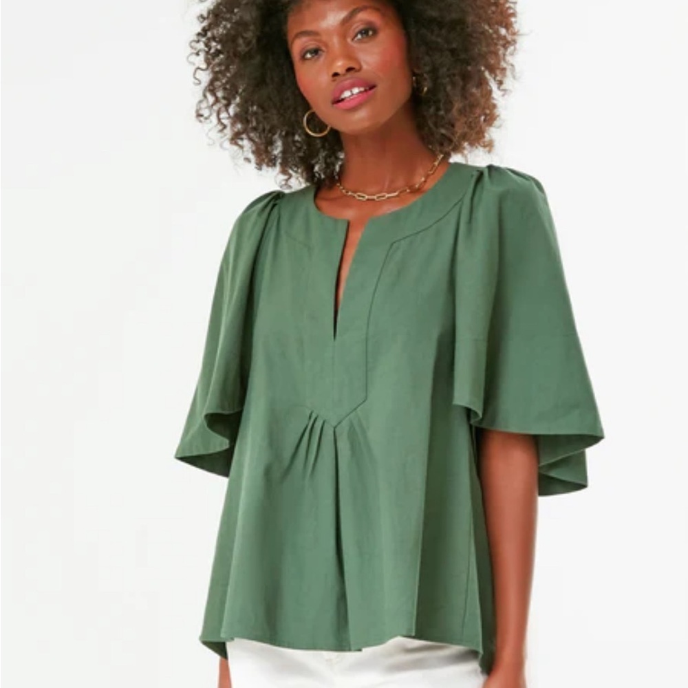 Tuckernuck Pomander Place Women's S Finley Flutter Sleeve top forest green - Picture 4 of 9